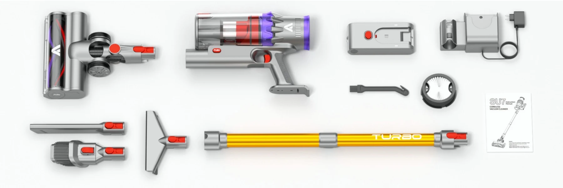 Coovy SU7 accessories and box contents — brushes, tube, battery, charger, HEPA filter