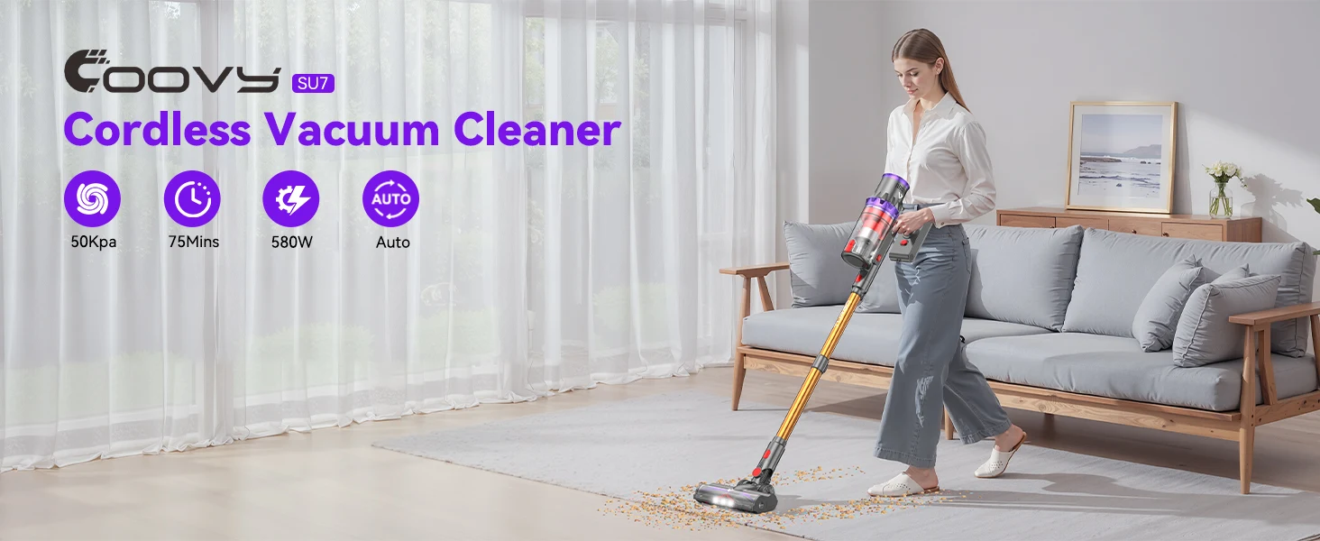 Coovy SU7 cordless vacuum cleaner — 50Kpa suction, 75 minutes runtime, 580W motor, Auto mode